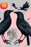 Placeholder: Gemini zodiac sign, crows, pink, orange, grey, hyper realistic