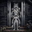 Placeholder: fantasy digital art of crying young female anthro wolf in gray hairy wolf body and wears just a short canvas rag around her waist , sadly crying face stands in the rain front the door, behind her an tall anthro dark hairy wolf man standing behind in rustic halb open door in an massive wooden house, deep colors, rainy day, detailed, anthropomorphic creatures, fantasy, sci-fi mood