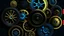 Placeholder: Gears with interlocking sprockets, in shades of cobalt, slate and sky blue and on a black background, make up an abstract horizontal composition. Circles and straight and curved lines are grouped around and over the gears, and are drawn in metallic gold against the dark background, but continue in black where the gears intersect.