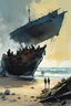 Placeholder: [Alex Maleev] kids in a small barque approaching an abandoned robot wreckage on the beach, under a scree