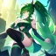 Placeholder: girl, masterpiece, best quality, volumetric lighting, detailed outfit, perfect eyes, green hair, green eyes, long hair, thigh highs, ponytail, messy hair,