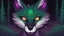 Placeholder: evil looking humanoid fox like creature turning to face you, dark forest background, glowing eyes. hunched over, staring covered in decay, deep shades of green, starry night sky, dark rainbow gradient sky