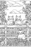 Placeholder: coloring page for kids, Cats on a fence, cartoon style, thick lines, low detail, no shading