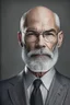 Placeholder: realistic photo portrait of a cocasian middle age bald man, short trimmed silver-gray beard, wearing glasees and black suit