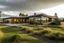 Placeholder: a modern, ranch style house that has an unkept yard, art in the style of spirited away