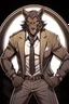 Placeholder: Buff, anthro, wolf, himbo, black fur, gold eyes, wearing a suit, full-body, muscles, strong, muscular, man boobs, bulky, tail, dark fur, smug grin, hands on hips,