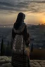 Placeholder: A Palestinian woman wearing an embroidered dress with the city of Jerusalem behind her during a winter sunset