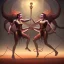 Placeholder: Two women skipping with a rope, demons and angry gods fight in the background, in the style of a Michael Moorcock book cover.