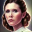 Placeholder: square framed complete and ultra realistic detailed head to waist portrait of young carrie fisher as Princess Leia with realistic hairstyle by Mandy Jurgens and mucha and Richard Schmid and chuck close and chie yoshii, extraordinary and detailed ceremony dress of star wars,brown eyes