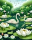 Placeholder: A peaceful pond scene with a family of swans surrounded by water lilies and lotus flowers.