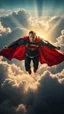 Placeholder: Superman carrying Vladimir Putin flying above swirling clouds, emerges from the heart of a raging storm. Turbulent winds of steam swirl around the louds lit by shafts of sunlight that cast dramatic shadows on the strong body High quality 16k cinematic scene and great photography