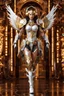 Placeholder: Photo Full body Lady Angel cyborg straddle wings, using traditional armor,detailed, intricate,gears cogs cables wires circuits, gold silver chrome copper,abstract background