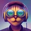 Placeholder: 3d photorealistic close-up of face of extraordinary happy alien cat in space wearing headphones and sunglasses playing records at a concert