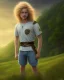 Placeholder: full length photograph of a beautiful 12 year old boy with long, blonde curly hair and light blue eyes, smiling, standing on a green hill in summer, medieval scenery, highly detailed, smooth, photorealistic, digital art, HDR