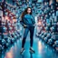 Placeholder: make a picture pretty stage made of metallic cyan-gray teme 3d fractal recursive cubic and sphere base structures and a beautiful fashion model lady posing with cute,with blue teme Chic style pants with a tight shirt and jacket,sport shoes ,makeup curvy long hair,dynamic camera zoom to full body and pan, dynamic lights.