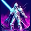 Placeholder: 90's retro fantasy art of a heroic space knight with laser sword