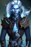 Placeholder: portrait of a dark male dark elf with long white hair, haunting blue eyes, and wearing a steampunk exoskeleton powered by gears, in fantasy style