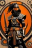 Placeholder: A stylized, abstract illustration of an arafed tuareg warrior, positioned alongside mechanical gears and industrial elements. The warrior, depicted in black, features exaggerated joint details. Behind it are circular shapes in orange and black, suggesting motion and machinery. The background is a plain beige, enhancing the contrast with the dark and vibrant elements in the foreground.