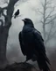 Placeholder: potrait horror vintage realistic cinematic horror mystical dark gothic halfbody crow humanoid,so many black birds crow flying and old high oak trees look like a live walk in in darkness heavy fog smoke horrible horror art visual