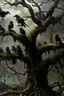 Placeholder: A group of crows with human faces standing on a scary tree without leaves . its skin is covered in moss and lichen, allowing it to blend seamlessly into its surroundings. Forest Spirits feed on the energy of trees and can create thick fog to confuse their victims.