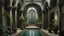 Placeholder: Oil painting, A serene indoor courtyard with a small pool surrounded by arched doorways and covered in lush greenery, creative, extremely detailed brush stroke