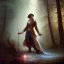 Placeholder: romantic fantasy spray painting, william Turner, close up on dark robed poet holding bow and arrow, loosing torch in magical forest with marble trees