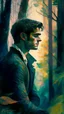 Placeholder: impressionism-style painting of a man thinking about someone he loves truly in a pretty forest