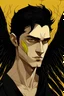 Placeholder: Make me an illustration of a man with black wings, yellow-gold eyes, and black hair with a scar over the left eye.