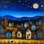 Placeholder: Folk art painting, Nightmare before Christmas under an indigo starry sky, village, Max Ernst, neutral natural colors, mixed media