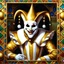 Placeholder: fantasy 90's tcg art of a heroic happy male jester wearing a white mask and golden costume in mosaic room