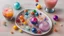 Placeholder: Colorful marbles and bubble tea on a table
