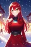 Placeholder: girl, masterpiece, best quality, volumetric lighting, detailed outfit, perfect eyes, red hair, golden eyes, long hair, snowing, outdoors, winter outfit, hairclip, depth of field, red outfit,