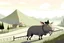 Placeholder: A man riding a pig to a school with 2 police cars escorting him through mountians