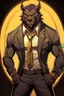 Placeholder: Buff, anthro, wolf, himbo, black fur, gold eyes, wearing a suit, full-body, muscles, strong, muscular, man boobs, bulky, tail, dark fur, smug grin, hands on hips, furry-himbo, broad shoulders, wide hips, big chest, big muscles,