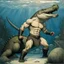 Placeholder: [art by john bauer] underwater picture of a muscular warrior fighting bare hands with a giant crocodile : he grabs the crocodile by the neck.