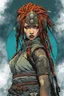 Placeholder: front facing portrait illustration of a grunge armored female , beaded dreadlock hair, vampire mercenary wearing an ancient ornate japanese kitsune mask , and shemagh, highly detailed with gritty post apocalyptic textures, caught in a cosmic maelstrom of swirling gases , finely detailed facial features and hair, in the graphic novel style of Bill Sienkiewicz, and Jean Giraud Moebius, ink wash and watercolor with realistic light and shadow