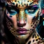 Placeholder: candy leopard, portrayed with the intricate facial features and extremely detailed pupils characteristic of Stefan Gesell's style, blended with the elongated forms and dramatic chiaroscuro reminiscent of El Greco, conveyed through a light painting technique with push processing, incorporating holographic elements for a dreamy, vibrant effect, soft skin texture, clarity achieved, supporting a perfect composition, cinematic atmosphere, delicate detail