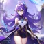 Placeholder: Clear focus,High resolution,Beatiful Lighting, purple long fluffy hair, long fluffy bangs, green eyes, custom genshin oc, must be wearing a short skirt, genshin impact name card, color pallete purple (XII)-cyber grape-rose vale