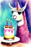 Placeholder: A cute llama is having a birthday cake. Watercolour