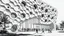 Placeholder: Museo de ciencias naturales cuya fachada es una piel escamosa que respira mediante aberturas pulsantes, niños corriendo frente a la entrada, render en blanco y negro con texturas de pluma y tinta.
