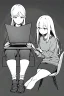 Placeholder: thin hacker girl use a laptop sitting next to other customers in a cafe, line arts, greyscale