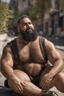 Placeholder: masculine muscular chubby burly mature arab man sunbathing, sitted on an empty street, 35 years old, ripped dirty tank top, bullneck, hands behind the neck, ripped dirty shorts, manly chest, very hairy, short beard, big shoulders, relaxed, photorealistic, well defined facial features, half figure photography, view angle from the ground