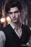 Placeholder: teenager handsome elven, with long pointed ears and brown eyes, short brown hair, wearing a steampunk style trench coat