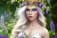 Placeholder: Fantasy cute elf with transparent wings, smiling, make up, long blond platinum hair, blue eyes, crown, beautiful dress, wisteria flowers and mushrooms in background, HQ, high key lighting, volumetric light high details