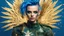 Placeholder: beautiful Punk woman Angel 30 years old, military clothing, mystical, bright colors, creative hairstyle, tattoo, piercing, photorealistic image, military, camouflage clothing, gold, blue background, sparkles, fine rendering, high detail, 8K