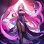 Placeholder: Clear focus, 8k, beautiful lighting, vibrant colors, girl, pink hair, long hair, vibrant purple eyes, black stockings, chinese clothes, full body,