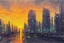 Placeholder: Sunset, cyberpunk buildings near trees, highway, people, sci-fi, concept art, tendency to impressionism, realistic painting