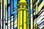 Placeholder: A yellow clock tower made out of gel in a thunderstorm painted by Roy Lichtenstein