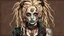 Placeholder: portrait photograph of cute zombie alien woman blonde hair dreads, steampunk, bits of color, hand drawn, dark, gritty, vibrant deep color, realistic sketch, Rough sketch, mix of bold dark lines and loose lines, bold lines, on tattered paper, 3d, popping out of paper, Full body, tattoos styled like runes, beautiful, steampunk leather clothing embroidered with silver runes, modest, leather silver rune embroidered boots, perfect features, (blueprint background), cyan eyes, purple hair dreads