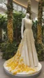 Placeholder: A mannequin wearing a dress, Philippines national custome dress inspired by jasmine flower, sampaguita, Philippines national flower, jasmine flower dress, jasmine flower, white jasmine flower, dress displayed on mannequin, beautiful, very beautiful dress, fantasy dress, magical dress, elegant, full body, full body frame, ultra realistic, aesthetic, yellow and white pastel color, sequins, bedding, made of crystal, sexy, magical, fantasy, ethereal, sparkly, glowing, glittery dress, artistic style